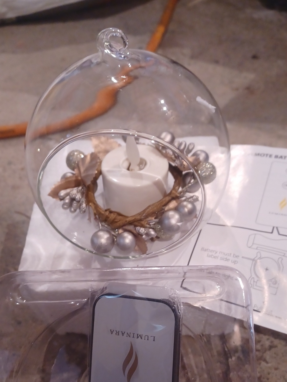 Luminara Glass Ball Ornament with Silver Accents and LED Candle -